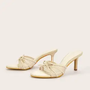 BUSY GIRL CXX218 Women Heels Sandals Pointed-toe Beige Mesh Bow High-heeled Mules Shallow-mouth Sandals Outdoor Summer Autumn