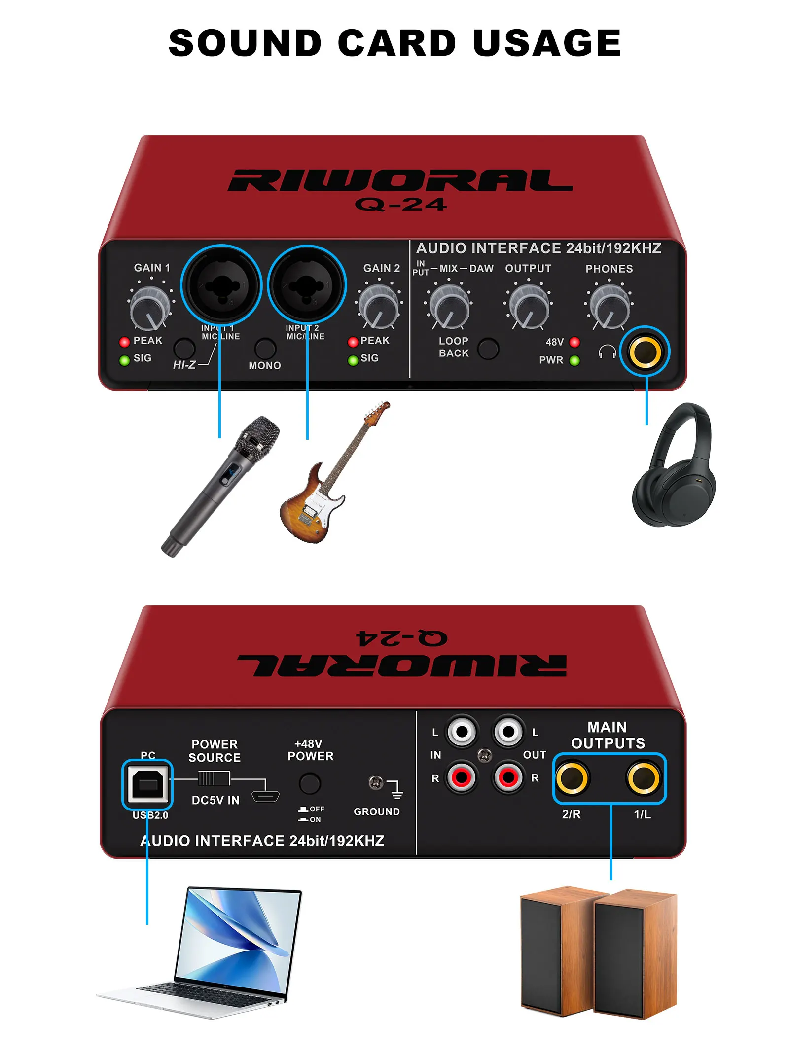 R24 New Style 24bit/192khz Xlr Audio Interface 48v Power High Quality Sound Card For Pc Buy