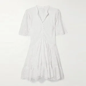 Clothing Manufacturer Custom Spring Summer White Crew Neck Short Sleeve Elegant Casual Women Cotton Dress