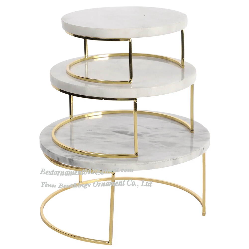Set of 3 Modern White Marble Cake Stands For Wedding Cakes Brass Metal Cupcake Pedestal Risers