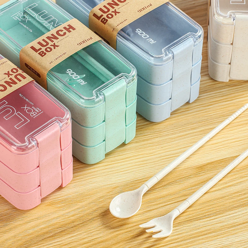 Safe Microwave 3 Layer Wheat Straw Lunch Box Custom Plastic Bento Box With Cutlery Set Logo