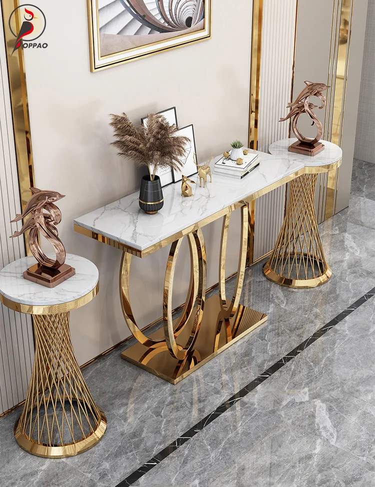 Baroque Style Stainless Steel Console Table Gold Square Narrow Entry ...