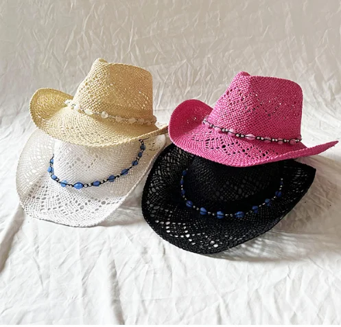 Chapeau de cow-girl western en paille avec bande perlée