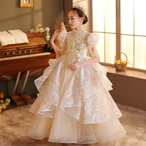 Luxury High Neck Girls Evening Gown Sequin Stratification Embroidered Stage Forma Princess Dress for Girl