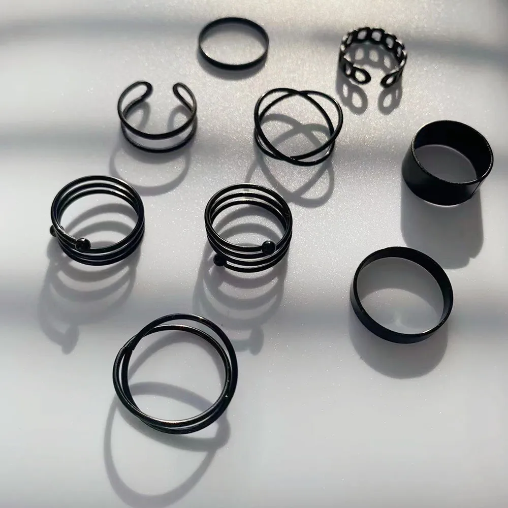 Ins Minimalist Jewelry Finger Rings Women Adjustable Circle Ring Black Ring  Set