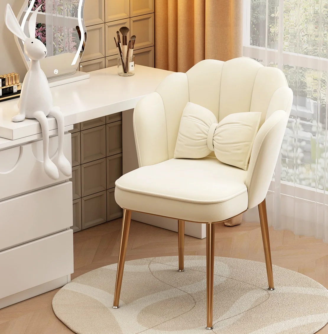 modern dressing chair Homy Casa KANYAN Vanity Chair with Wide Backrest and Wood Legs Modern Style Makeup Chair for Bedroom in Cream in the Makeup Vanity Stools department at Lowes.com