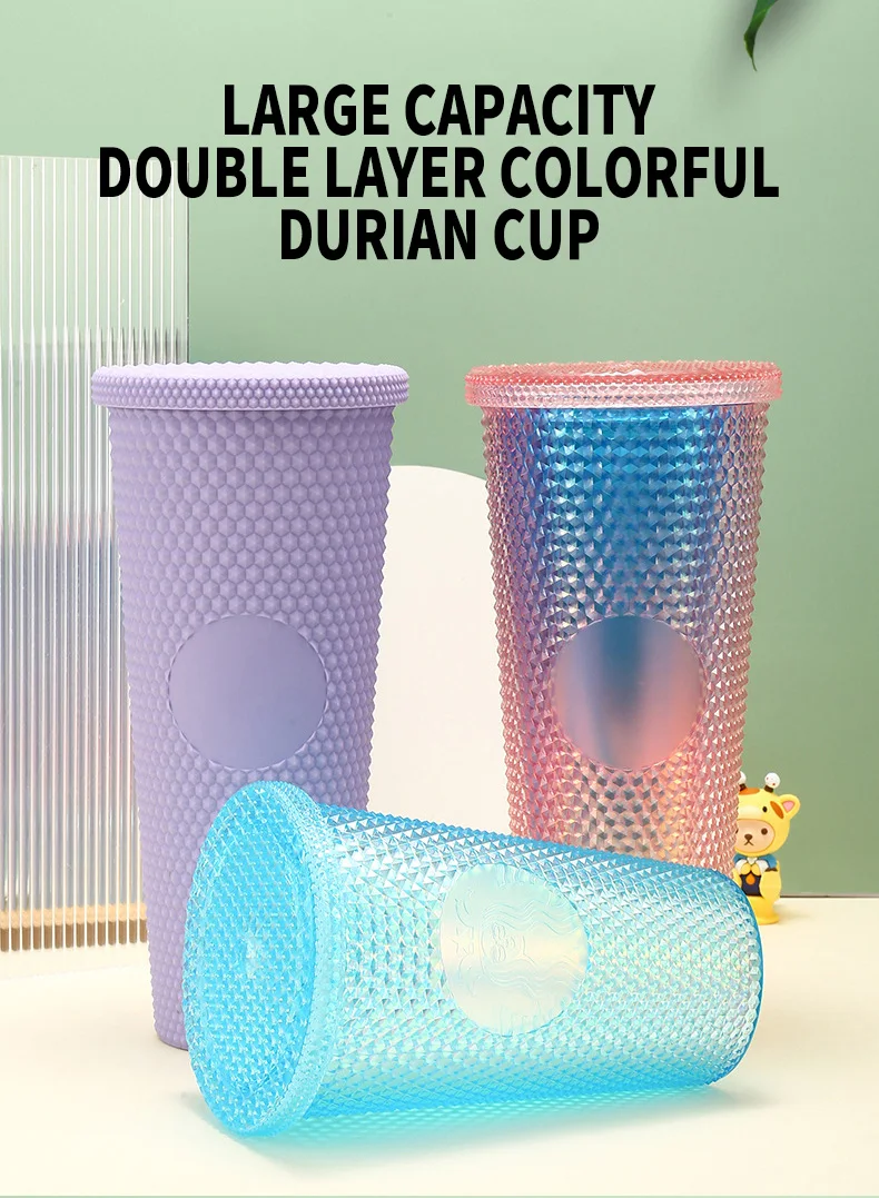 Eco Friendly Clastic cups with lids diamond durian cup with lid and straw double wall plastic cup