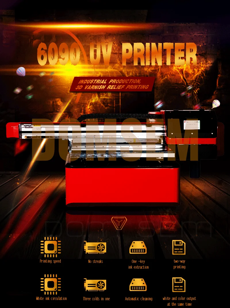DOMSEM Flatbed Big Format Digital UV Inkjet Printer A1 6090 UV Printer Mug Bottle Phone Case UV Printer 6090 Printing Machine