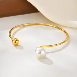 Luxury Charm Jewelry Adjustable Open Bracelet Bangle Stainless Steel Waterproof Double Ball Pearl Cuff Bangle