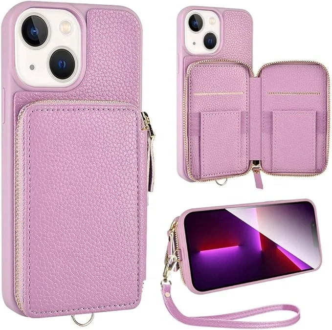 Laudtec Handbag Case Purse for iPhone 15 Pro Max Blocking PU Leather Zipper Wrist Strap Flip With Credit Card Holder Case