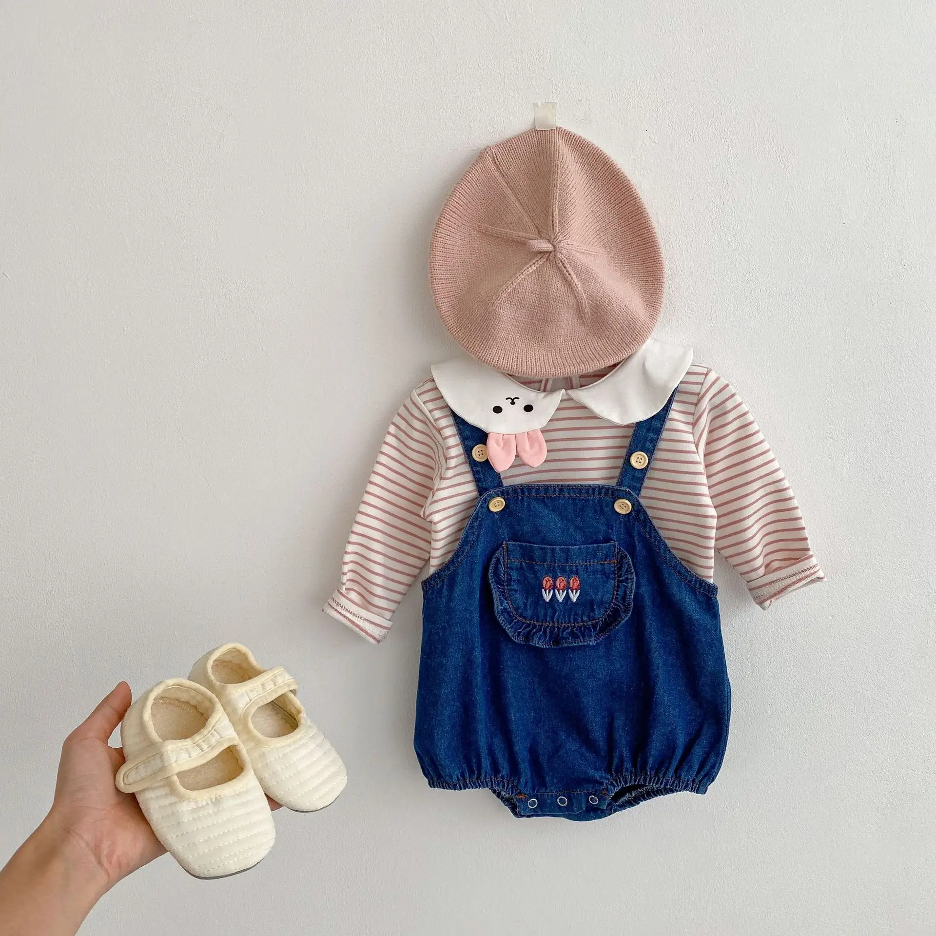 Spring Infant Rabbit Neck Stripe Top Flower Denim Romper Fashion Baby