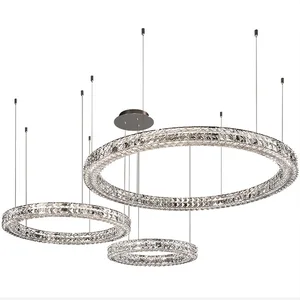 Home Decor 3 Rings High Ceiling Hanging Lamp Steel Led  Round Modern Luxury K9 Crystal Chandelier Pendant Light Restaurant