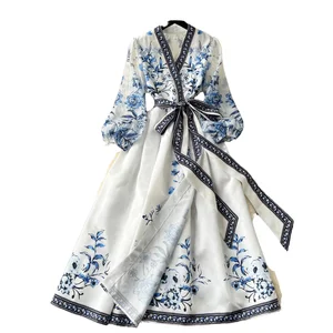 Retro Floral Printed Fashion Casual Maxi Dress V-neck Lantern Long Sleeves Cinched Waist Strap and Lace Decoration Women Dress