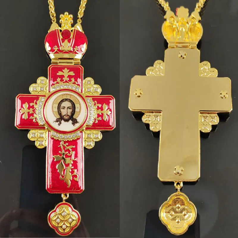 Transparent Red Enamel Craft on Orthodox Bishop Top Ranking Pectoral Cross Necklace for Church Prayer