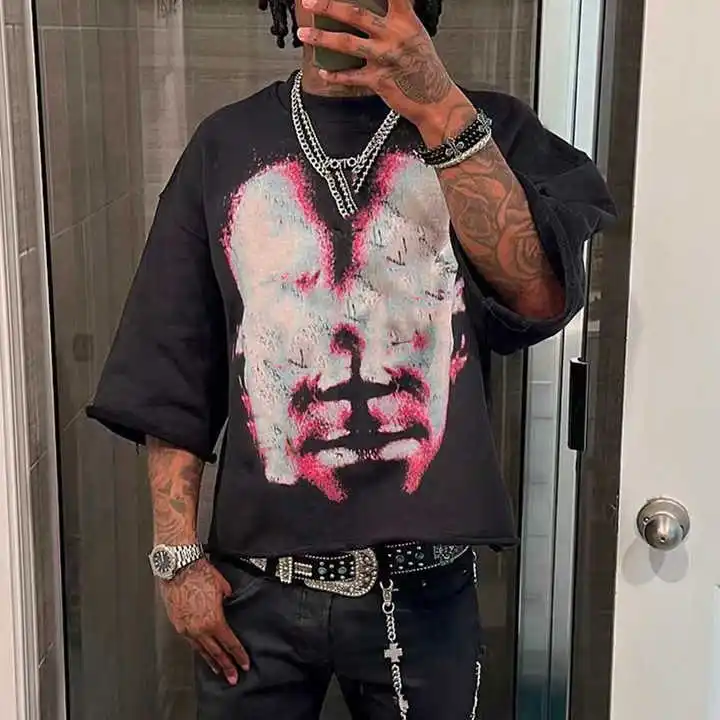 Salati Custom Acid Wash Tshirt Raw Hem Tee Cotton Graphic Dtg Print Drop Shoulder Short Sleeve T-shirt Boxy Cropped T Shirts Men gallery 2