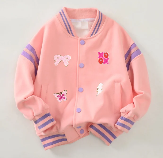 Custom Sweet Patches Bomber Jacket for Kids Boys Girls Autumn Cotton School Jacket with Customized Color & Size Patchwork Design