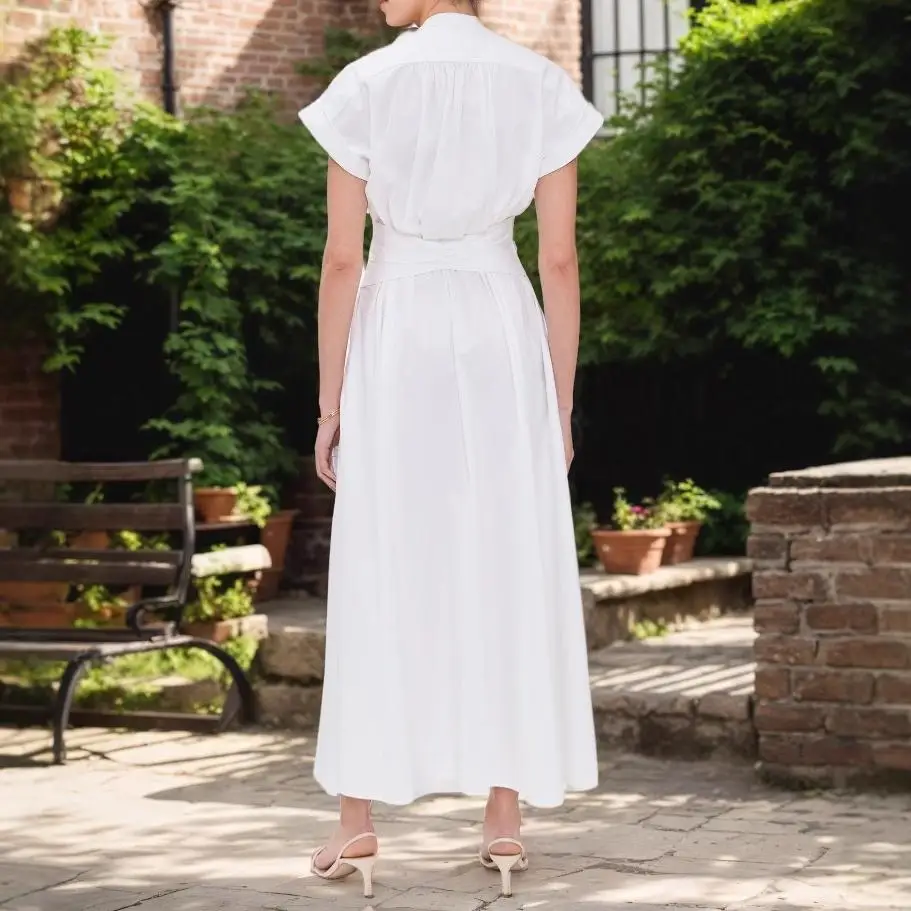 Elegant White A-Line Midi Dress for Women Solid Short Sleeve Slim Waist  Shirt Dress Modest Summer Dresses