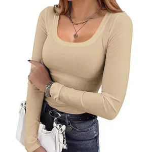 Summer Women's Threaded groove Strip Slim Fit Long Sleeved Casual T-shirt