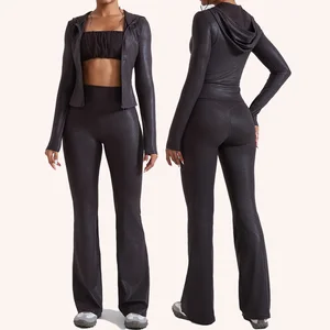 Imitate Leather Custom Logo Women Breathable Gym Fitness 3 Pieces Set Flared Pants Leggings Fitness Zipper Hooded Jacket Set