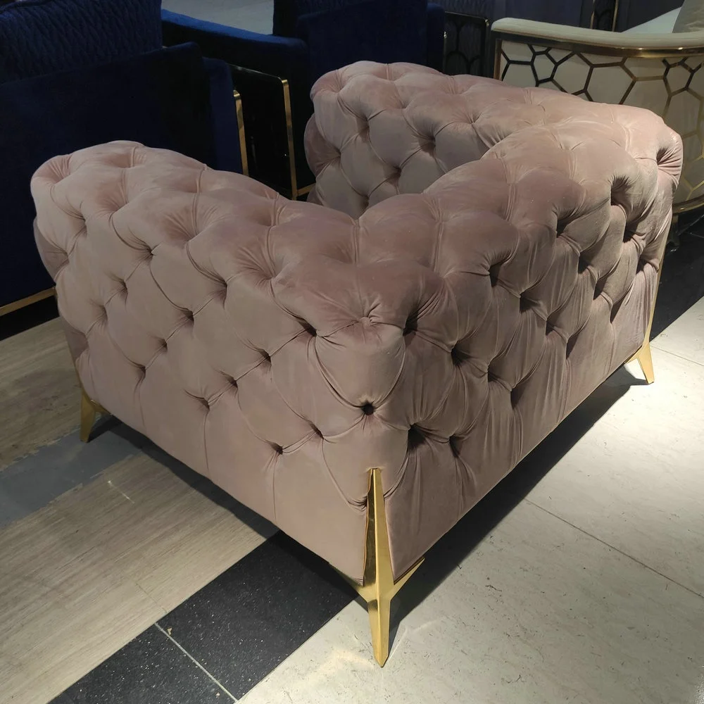 Green Color Golden Steel Legs Couch Velvet Fabric Button
