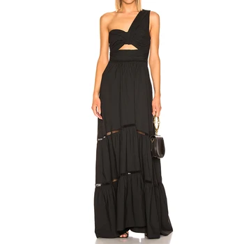 One shoulder hollow out dresses women 100%cotton black color sleeveless dresses