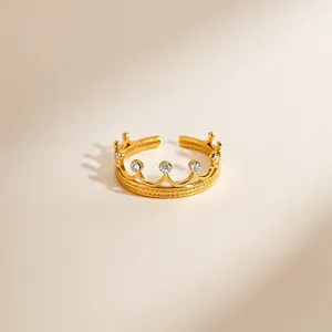 Exquisite Jewelry Zircon Crown Shaped Open Ring Stainless Steel Gold Plated Ring