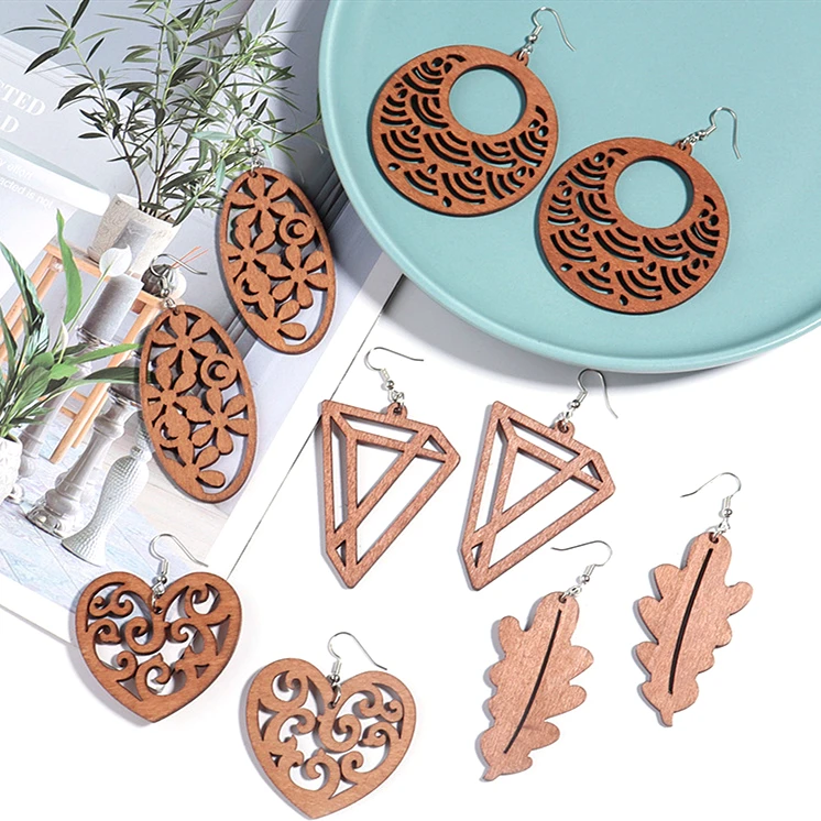 Factory Exaggerated Personality Jewelry Wooden Splint Earrings Statement Multi Hollow Geometric Earrings Gifts for Women