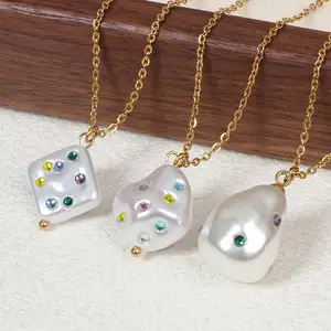 White Baroque Imitation Pearl Necklace Trendy Crystal & Gemstones Stainless Steel Colorful Fashion Jewelry for Women