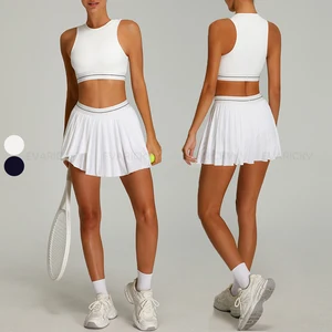 Wholesale Fitness Clothing Custom Logo Tennis Skirt Woman Tank Top Sets Breathable Gym Running Training Tennis Skirt Sets
