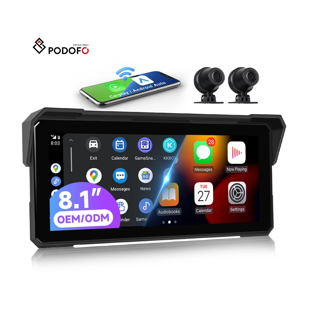 Podofo 8.1 Inch Motorcycle DVR Portable Wireless Carplay Android Auto Rear + Front Camera Pressure Detection Autoradio A4029