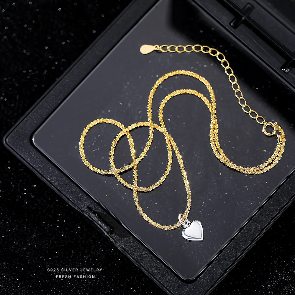 Trending Two Tone Color Plating Necklace Jewelry 925 Sterling Silver Shine Chain Heart Pendant Necklace for Women