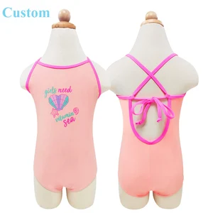 Wholesale One Piece Pink Ocean Shell Print Beachwear Swimsuit for Kids Cute Cross-Back Bow Swimwear Bathing Suit for Summer