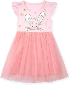Customizable Explosion Cute Rabbit Printing Frock Design Girls Dresses 2-14 Children Clothing