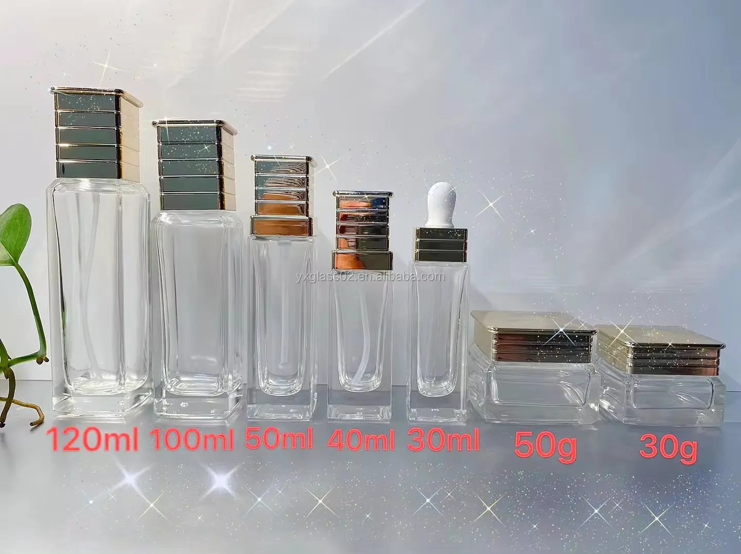 Luxury square 50g30ml40ml50ml100ml120ml cosmetic set lotion toner serum glass jar skincare packaging series with pum supplier