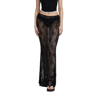 Women Elegant Lace Long Skirt Plain Dyed A-line Maxi Skirt Summer Elegant Beach Party Dress