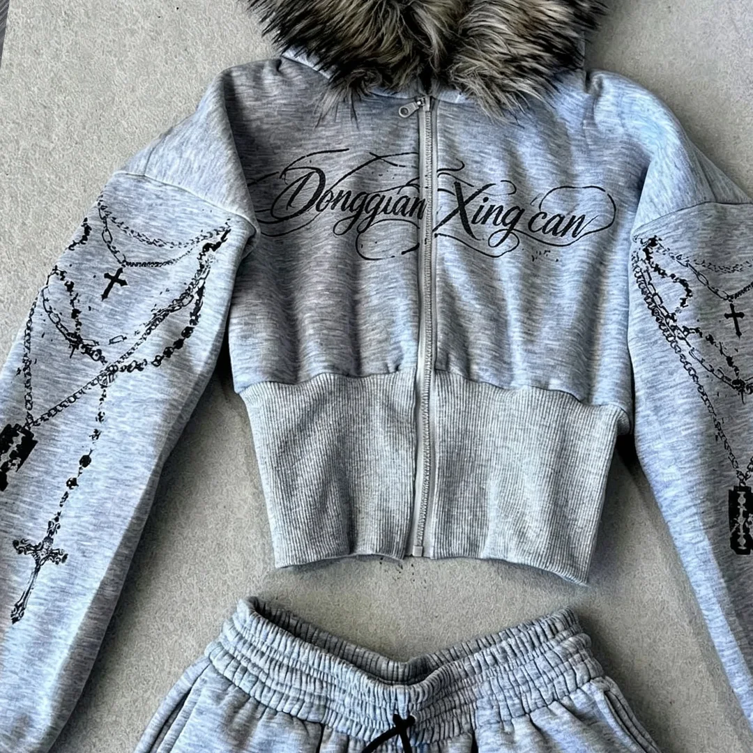 100 % bomuld tilpasset fleecehat og lynlåbs-hoodie-sæt, kort frakke-stil, miljøvenlig tøj tracksuit
