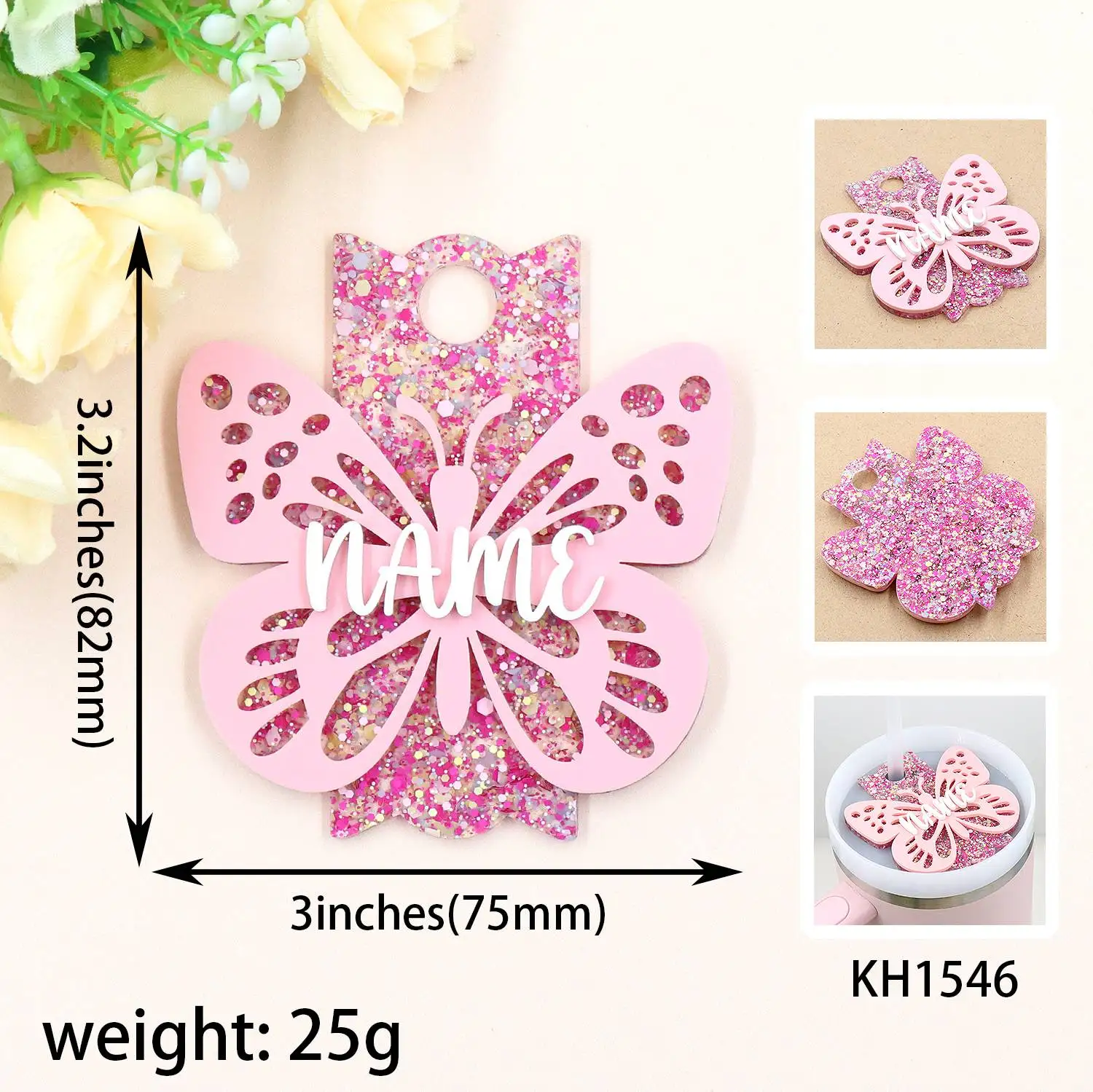 YYXCH1546 High Quality Acrylic Tumbling Cup with Laser Cutting Pink Butterfly Nameplate Plate for Christmas Tree Ornaments details