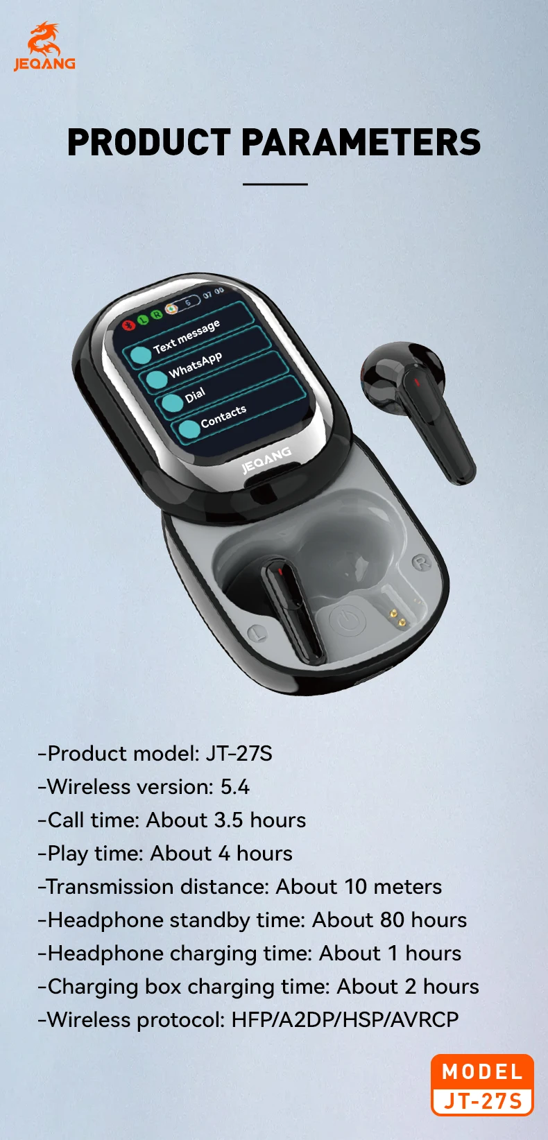 Jeqang-27S TWS BT Wireless In-Ear Earphones Smart Touch Screen Noise Cancelling Headphones Supports WeChat WhatsApp Messages