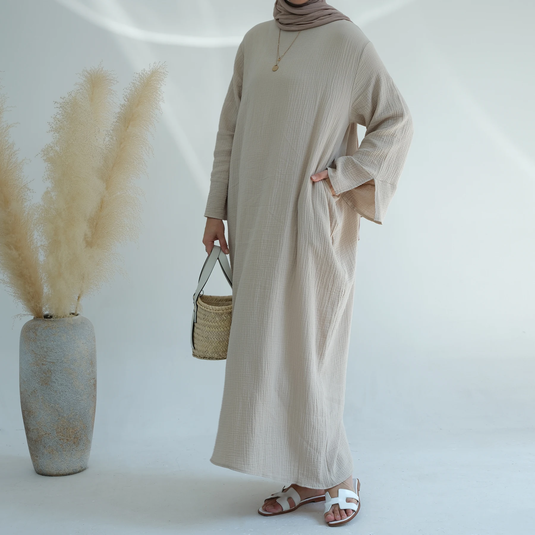 cotton muslim dress Women Traditional Clothing Simple Palin Abaya Women Muslim Dubai Abaya 2024 Wholesale Color:Violet Pearl color-Black Xscape Women's Tie Neck Cotton abaya indoor casual wear