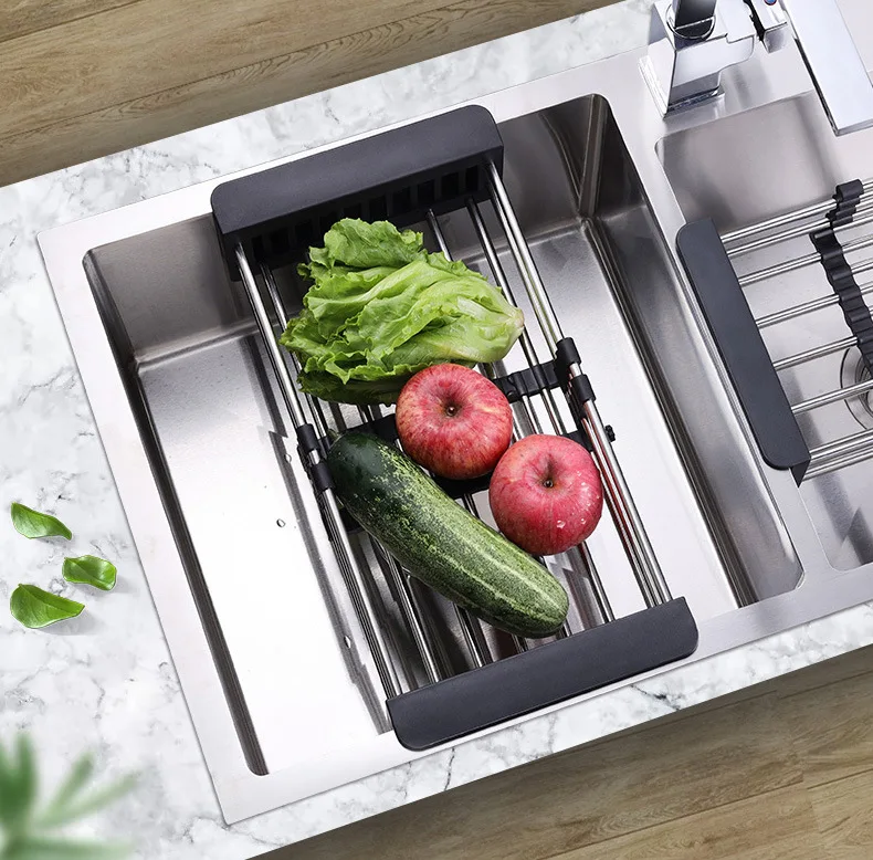 Kitchen Sink Drain Rack Retractable Multifunctional Fruit and Vegetable Drain Bowl Rack Stainless Steel Drain Basket