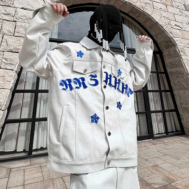 Salati Custom Embroidery Logo Screen Print Zip up Leather Jackets Stacked Flared Sweatpants Jogger Set Hip Hop Tracksuit for Men