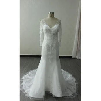 LW4133 Unforgettable Sheath Ivory White Lace strapless Cheap Turkey Custom V Neck Long Sleeve Wedding Dress Beaded