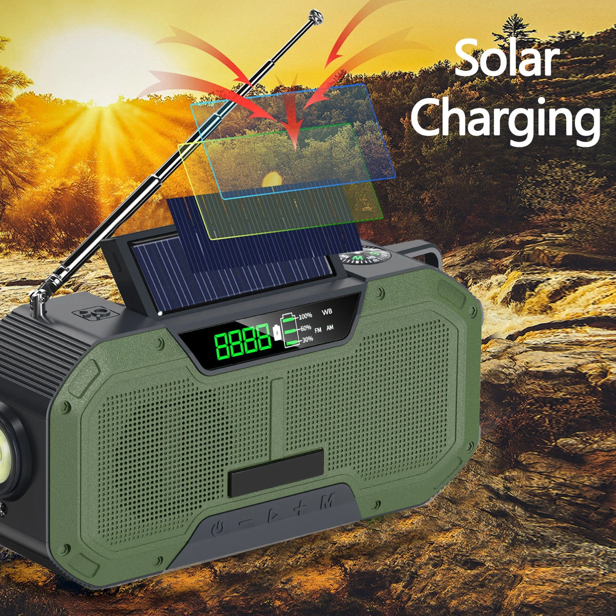 Solar USB Charging Hand Crank Dynamo Power Bank AM/FM Portable Radio with LED Flashlight SOS Emergency Mp3 Player Speaker