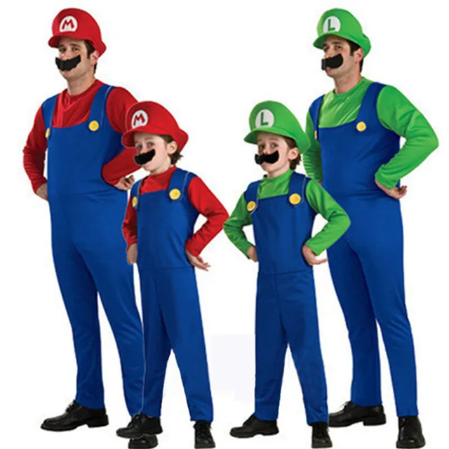 Костюмы для косплея игр Луиджи Супер Марио сантехники для мужчин женщин мальчиков девочек комбинезоны + платье + шляпа + усы вечерний маскарадный костюм