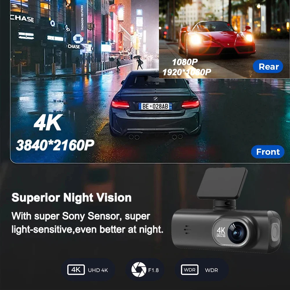 Night Version Car Driving Dash Camera Black Box Dvr 4K+1080P Mini ...