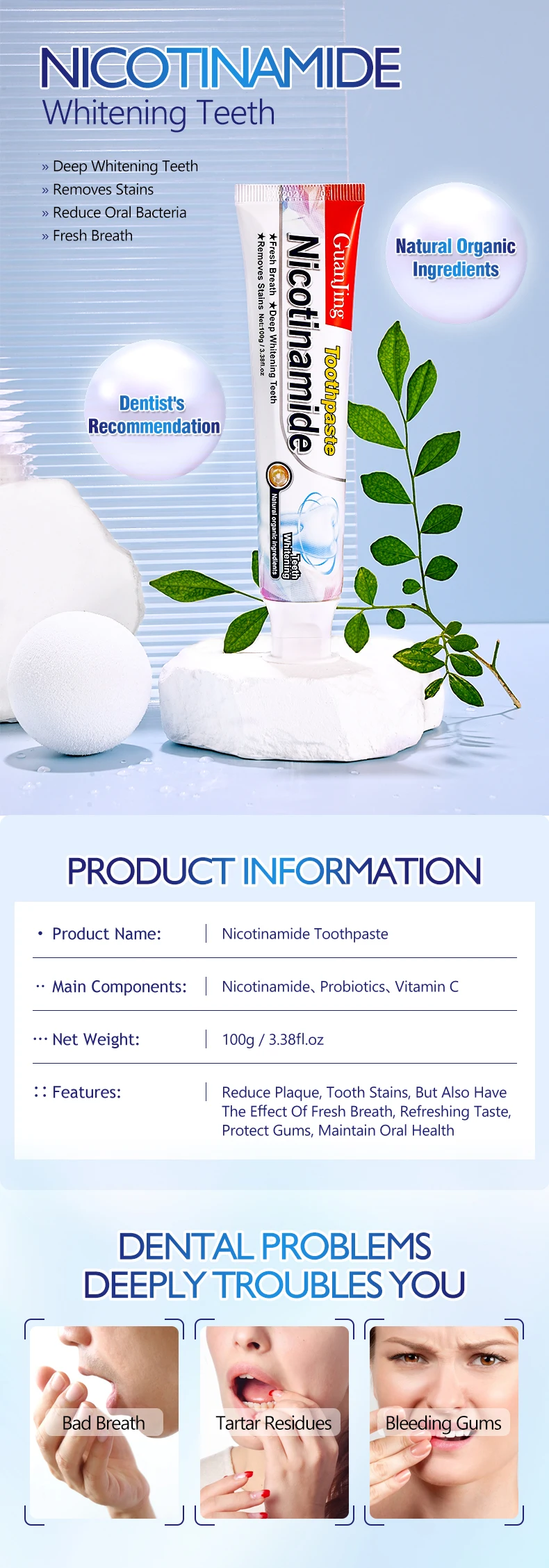 100g Natural Nicotinamide Deep Brightening Fresh Breath Cleaning Toothpaste for Removes Stains Teeth