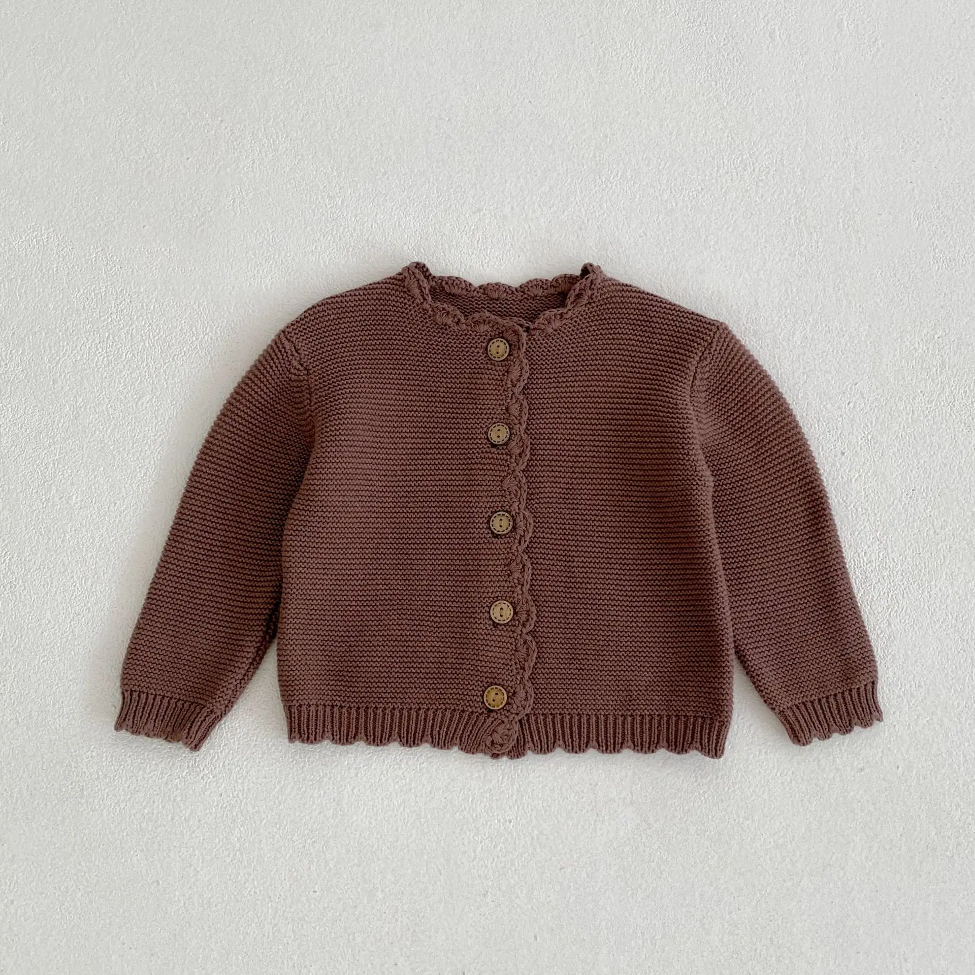 Spring baby unisex solid color long sleeve 100% cotton simple cardigan newborn fashion handmade knitted jacket