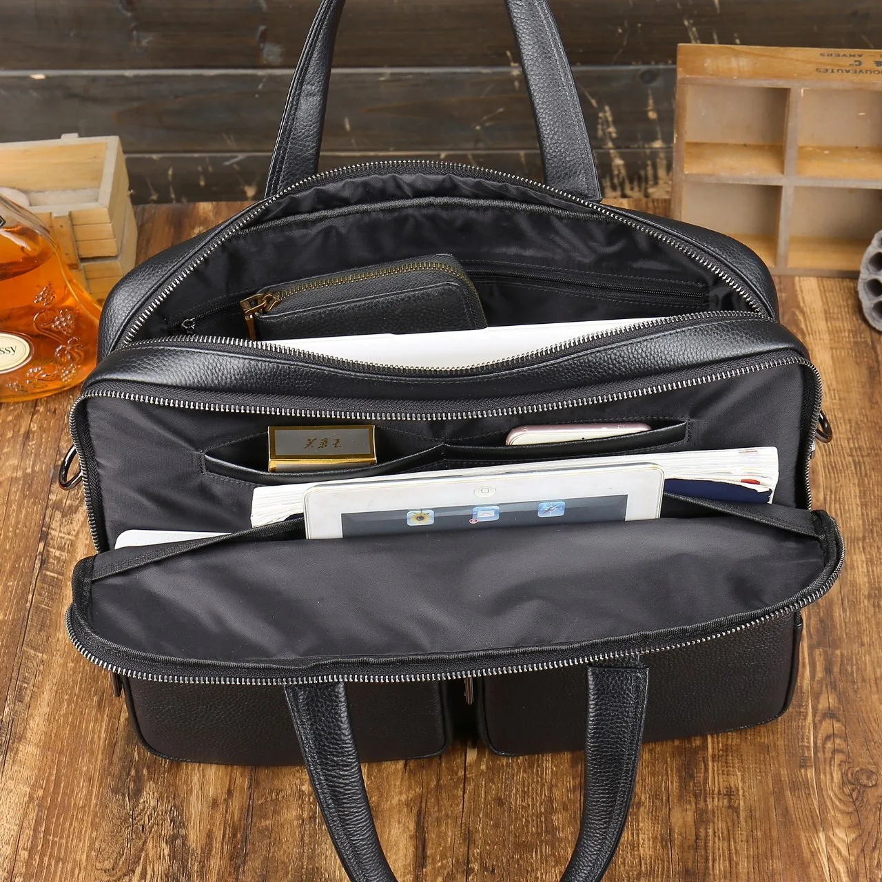 Hot Selling Office Business Style Black Real Cow Skin Cowhide Pebble Genuine Leather Computer Laptop Briefcases