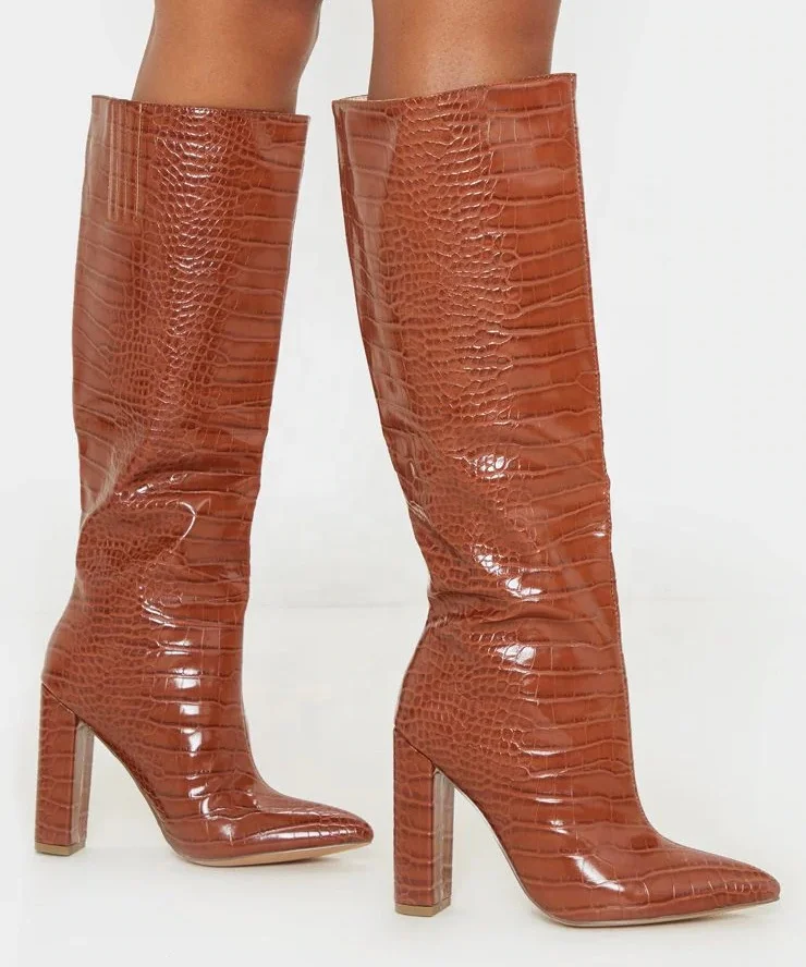 tan block heel knee high boots