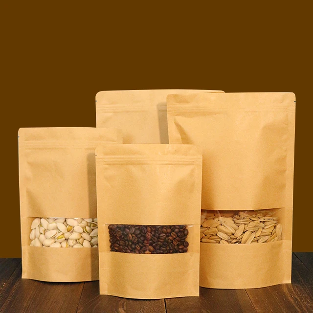 Customizable Kraft Paper Stand-Up Coffee Pouch Resealable Clear Window Printed Logo for Coffee and Pet Food Packaging